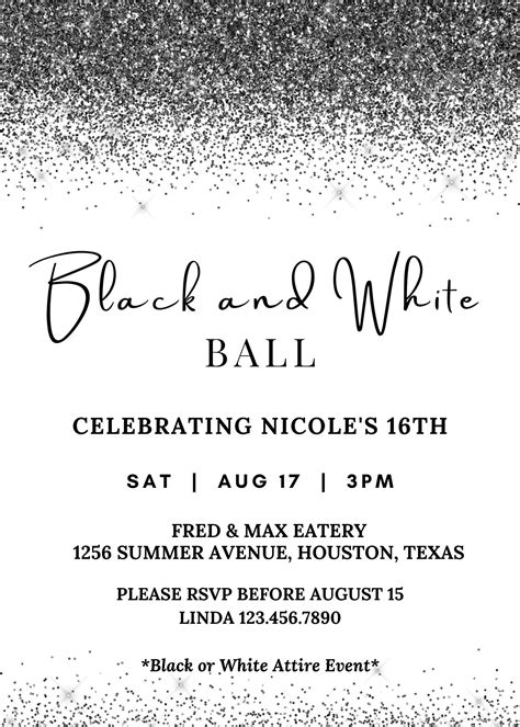 Editable Black and White Ball Invitation Black Glitter Print - Etsy