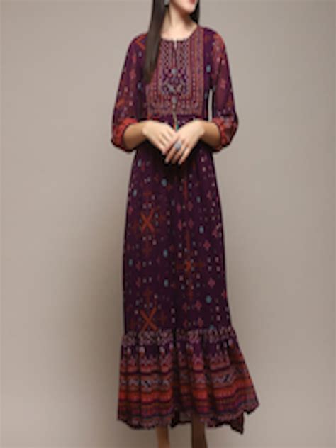 Buy Biba Ethnic Motifs Printed Tie Up Neck Sequinned Detailed A Line