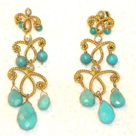 An Absolutely Stunning 14k Yellow Gold Turquoise And Diamond Pair Of