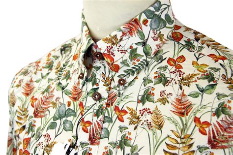 Ben Sherman Foliage Print Retro 60s Mod Floral Shirt Turtledove