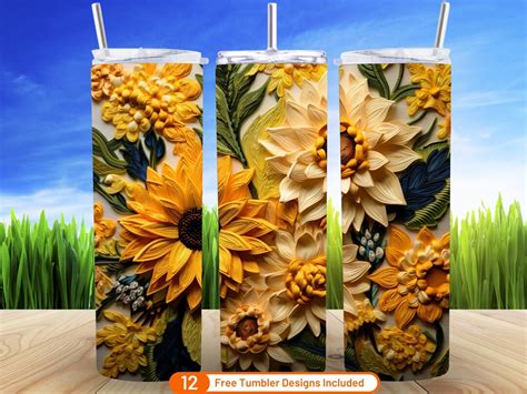 3D Tumbler Wrap 3D Gestickte Sonnenblumen 20 Oz Skinny Tumbler