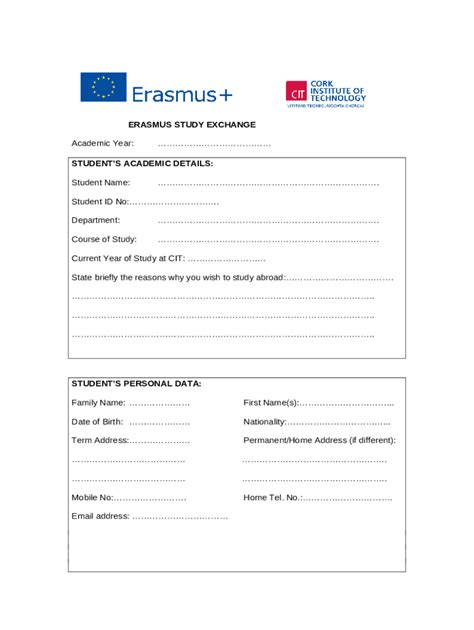 Student Application For Socrates Erasmus Study Exchange Doc Template