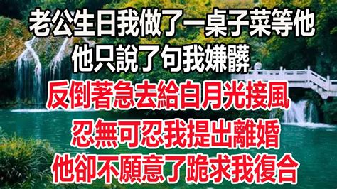 老公生日我做了一桌子菜等他，他只說了句我嫌髒，反倒著急去給白月光接風，忍無可忍我提出離婚，他卻不願意跪求我復合 爽文 情感 深夜讀書 人生感想 幸福人生 顧亞男 愛情 婚姻 為人處世