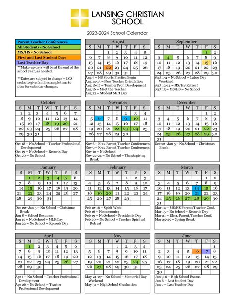 2023-24 One page calendar | Lansing Christian School