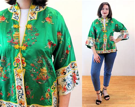 60s Chinese Jacket S Emerald Green Embroidered Vintage Silk Rayon