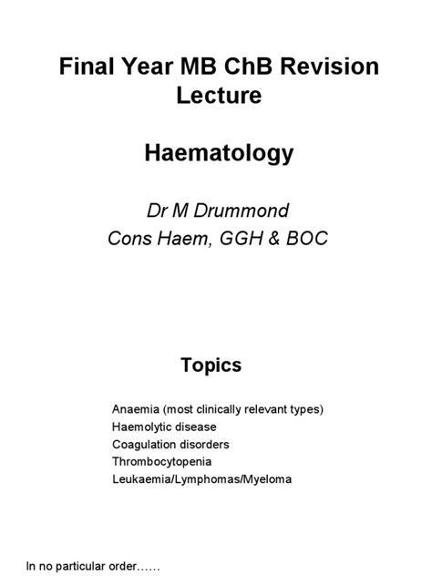 Final Year Mb Chb Revision Haematology Dr M Drummond Cons Haem Ggh