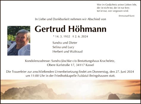 Traueranzeigen Von Gertrud H Hmann Trauer Hna De