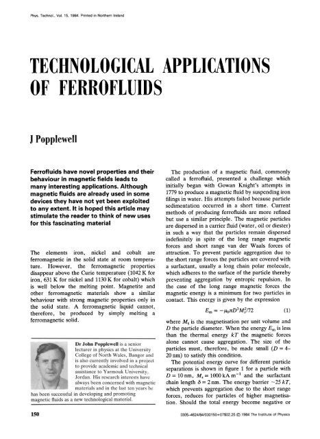 TECHNOLOGICAL APPLICATIONS OF FERROFLUIDS