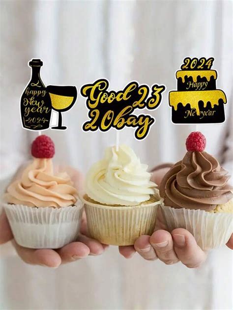 Pcs Happy New Year Cupcake Toppers Golden Black Glitter Cupcake