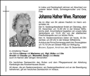 Traueranzeigen Von Johanna Ramoser Trauer Bz