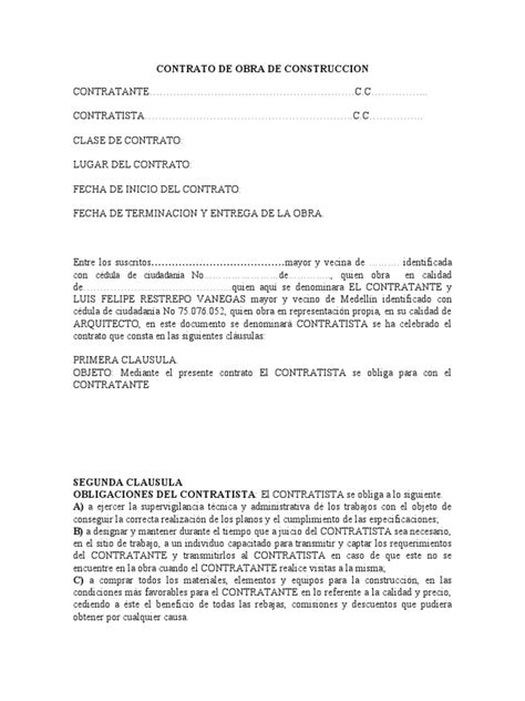 Contrato De Obra Arquitecto Luis Felipe Restrepo Pdf Derecho Laboral Presupuesto