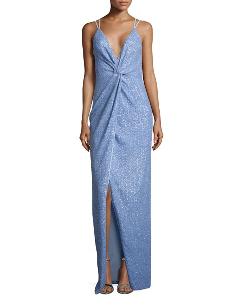 Halston Heritage Sleeveless V Neck Twist Sequined Gown