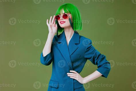 Pretty Woman Green Hair Blue Jacket Sunglasses 22261201 Stock Photo At