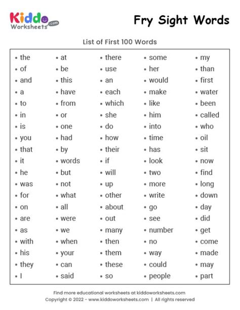 Fry First Sight Words Free Printable