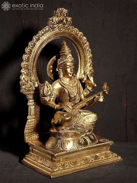 Goddess Saraswati Seated On Kirtimukha Throne Hoysala Art Bronze