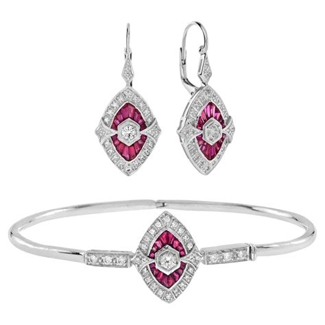 Ruby Onyx Diamond Art Deco Style Drop Earrings in 18K White Gold For