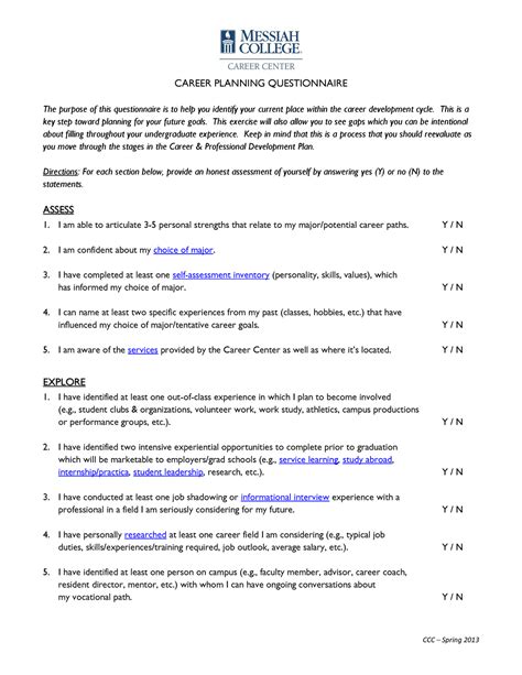 Career Planning Questionnaire Ccc Spring 2013 Career Planning