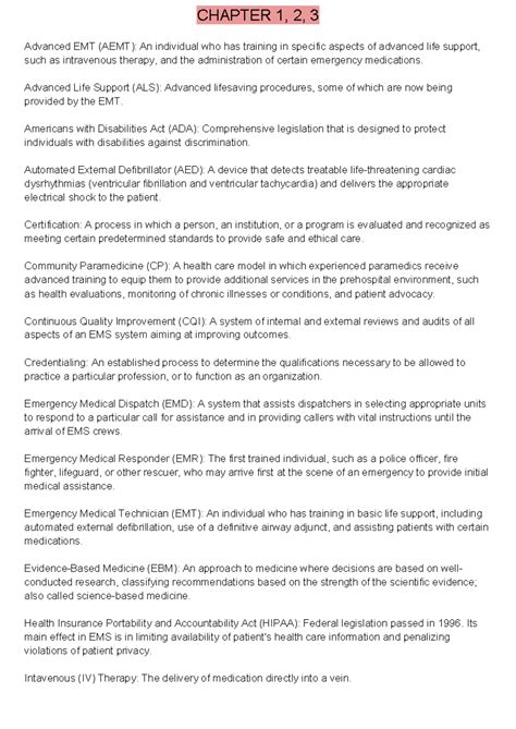 EMT Chapter Terms LIST - CHAPTER 1, 2, 3 Advanced EMT (AEMT): An