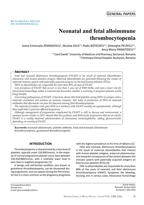 Pdf Neonatal And Fetal Alloimmune Thrombocytopenia