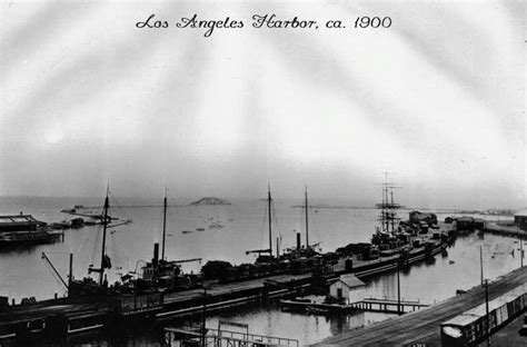 Panoramic early view of the Los Angeles Harbor at San Pedro, ca. 1900 -- Sailing ships are ...