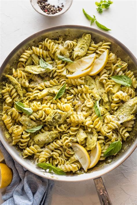 Pasta With Artichoke Hearts Pesto And Lemon Nourish And Fete