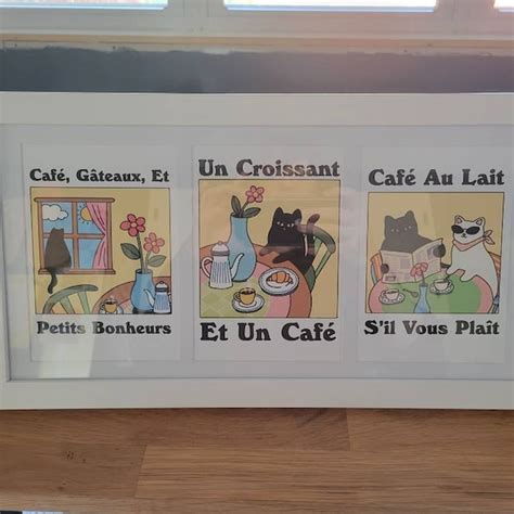 French Cafe Au Lait Cat Print Retro Drink Poster Bistro Coffee