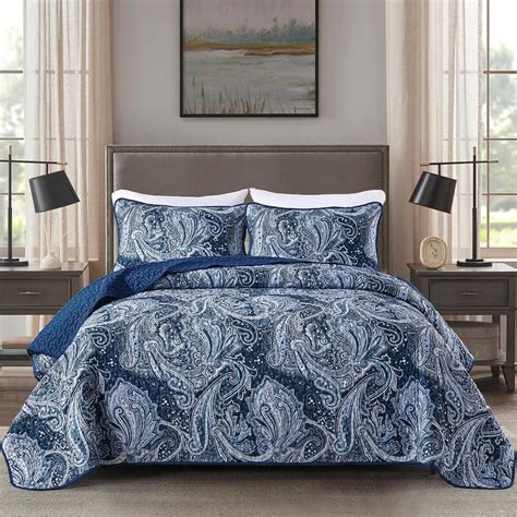 Djy Navy Paisley Quilt Set Queen Boho Bedspread Coverlet Set Pieces