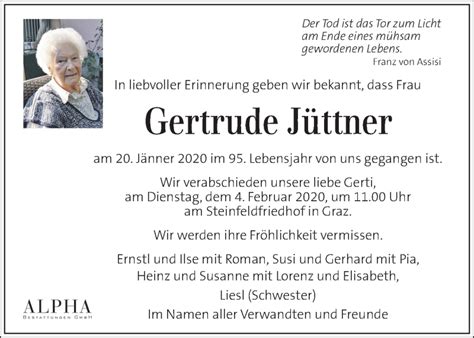 Traueranzeigen Von Gertrude J Ttner Trauer Kleinezeitung At