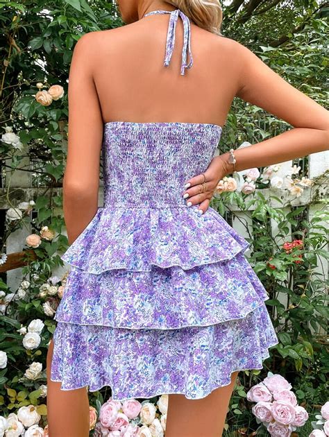 Shein Sunnybelle Floral Print Shirred Waist Cut Out Tie Backless