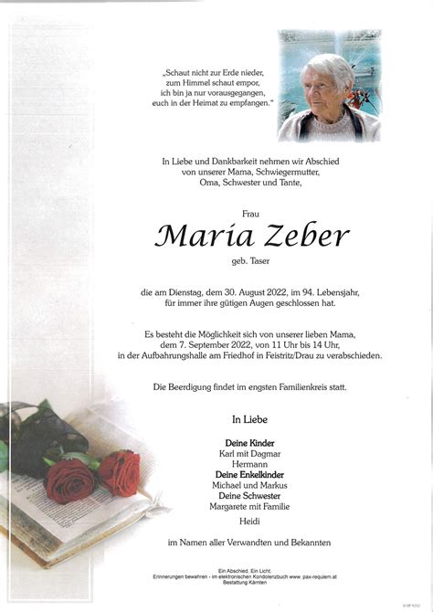 Parte für Maria Zeber geb Taser pax requiem