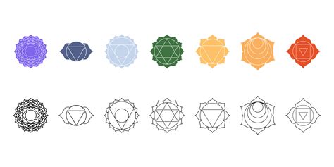 Seven chakras vector icons set. Color and black and white symbols of energetic yogi centers ...