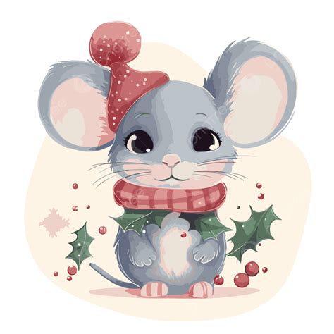 Cute Christmas Mouse Vector, Sticker Clipart Cute Mouse With Holly And ...