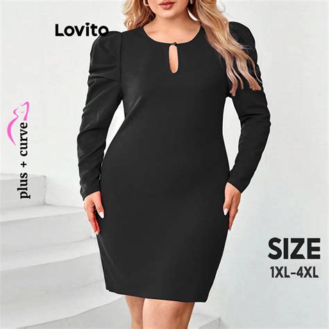 Lovito Women Plus Size Curve Elegant Plain Puff Sleeve Dress Lnl55298 Shopee Philippines