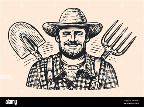 Happy Farmer In Hat With Pitchfork And Shovel In Sketch Style Farm