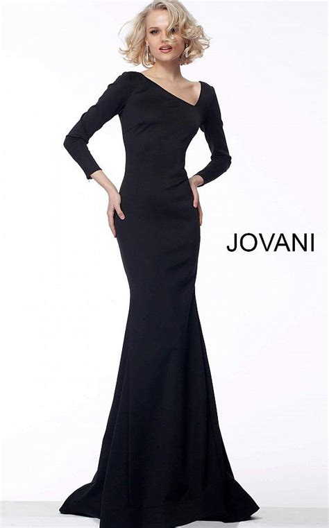 68663 Black Asymmetric Neckline Long Sleeve Evening Dress Dresses Stretch Evening Dress