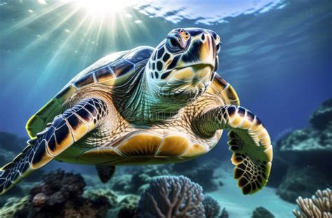 Green Sea Turtle Swimming Underwater With Sunrays And Corals In