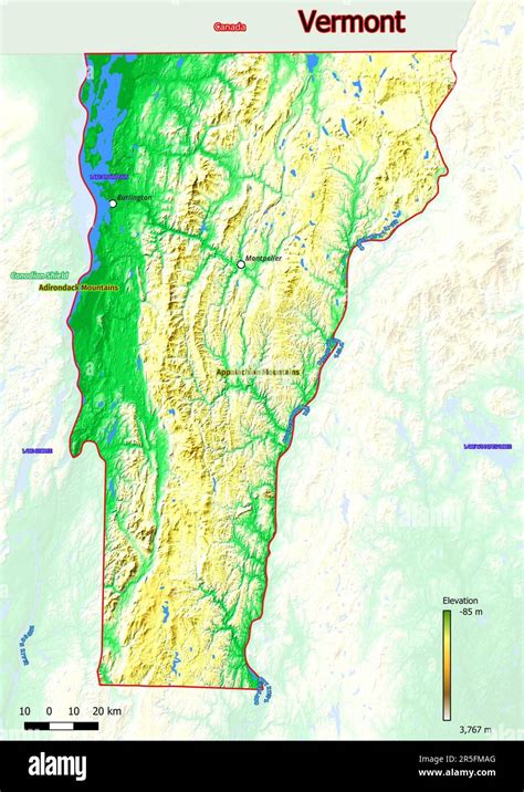 Physical Map Of Vermont Shows Landform Features Such As Mountains