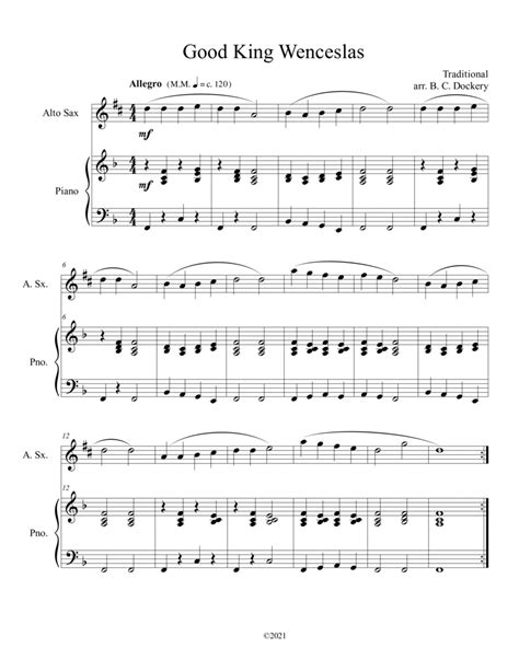 Good King Wenceslas Alto Sax Solo With Piano Accompaniment Arr B C