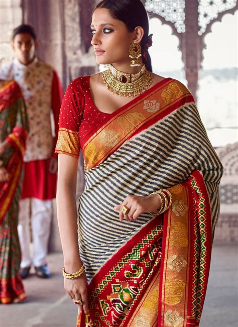 Buy Off White N Red Viscose Silk Digital Patola Print Saree Digital