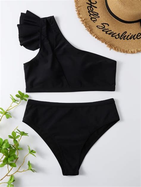 Shein Swim Chicsea Mono Bikini Set Ruffle Trim One Shoulder Wireless