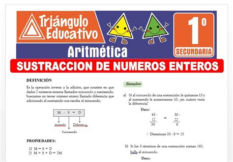 Sustracción de Números Enteros para Primero de Secundaria Fichas GRATIS