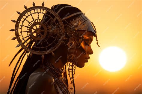 Premium Ai Image A Woman With Dreads And A Headdress Is Standing In Front Of The Sun