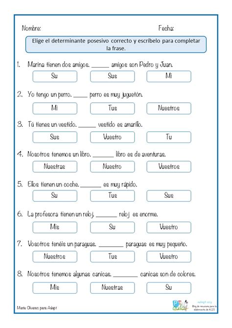 Par D Ballage Pr Cision Ejercicios De Adjetivos Posesivos En Espa Ol