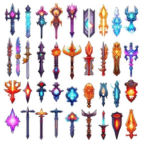 Premium AI Image | game assets Spritesheet of weapons swords bows shields and staffs 3d and 2d ...