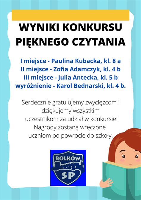 Wyniki Konkursu Pięknego Czytania SP Bolków