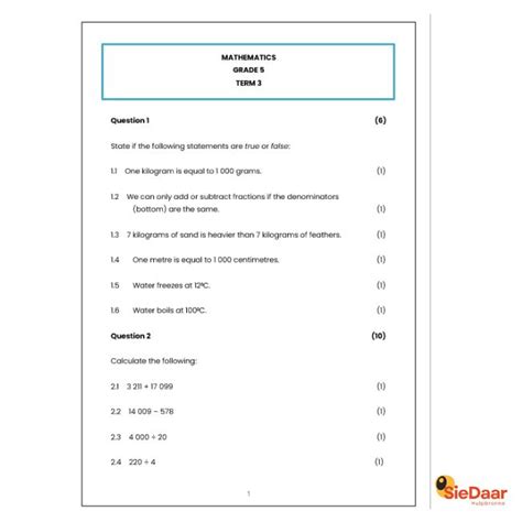 Grade 5 Maths Term 3 Test With Memorandum • Teacha