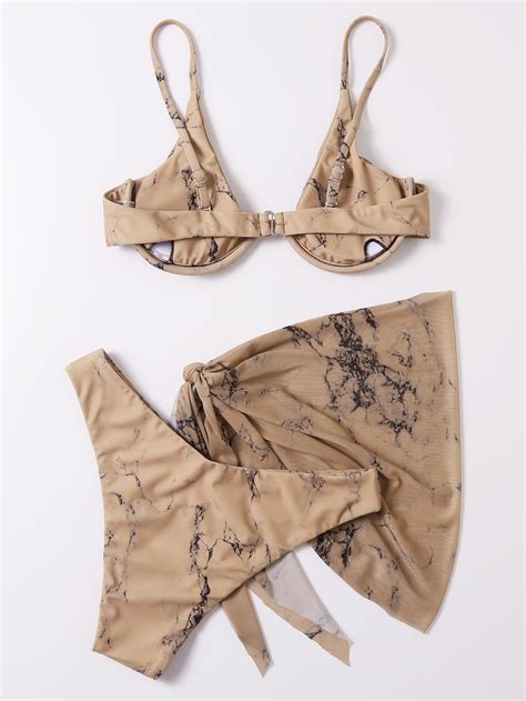 Shein Swim Vcay Marble Print Bikini Set Underwire Buckle Back Bra