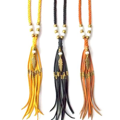 Gypsy Feather Necklace Boho Jewelry Deerskin Leather Tassel