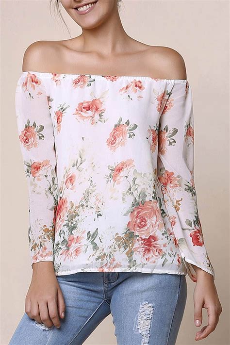 39 Off Stylish Off The Shoulder Long Sleeve Floral Print Chiffon Womens Blouse Rosegal