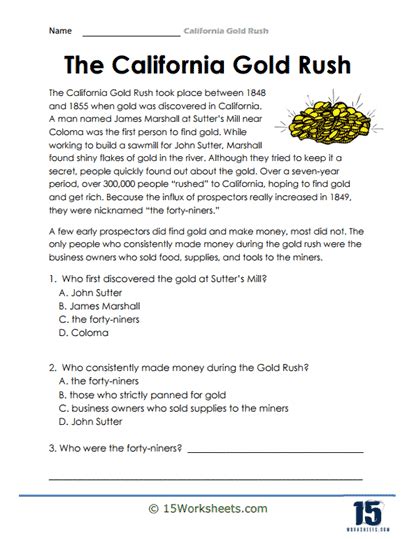 Gold Rush Fun Worksheets